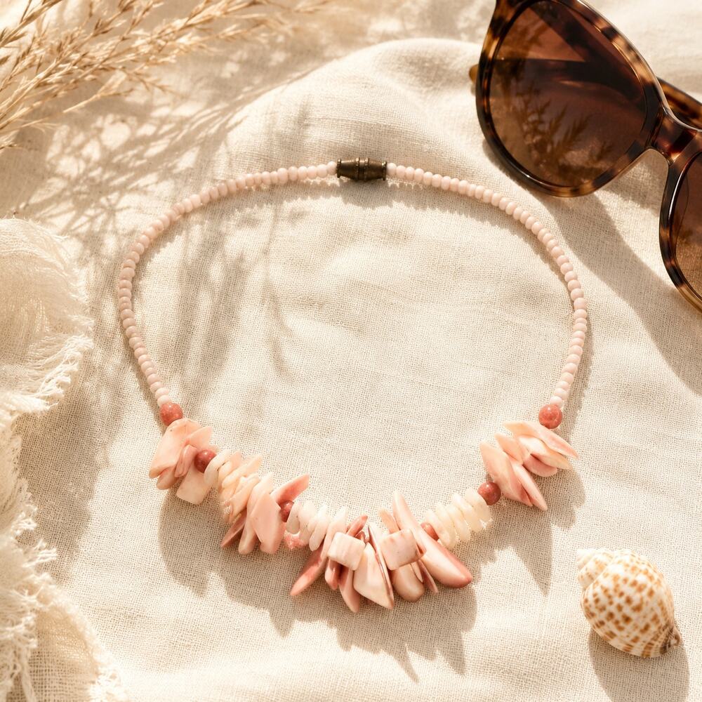 Vintage Pink Shell Statement Necklace Beachy Boho Coastal Jewelry
